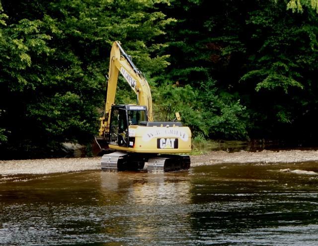 Digger in the river beside a forest